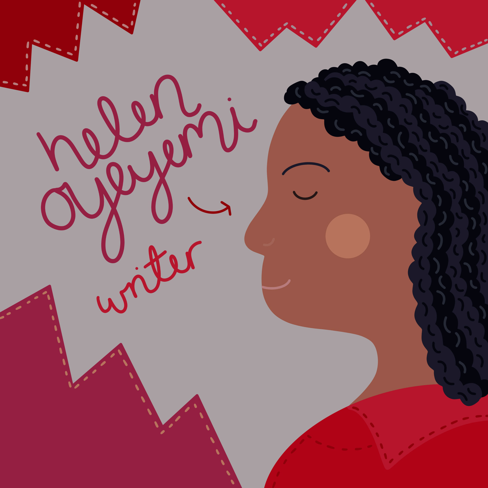 A side-profile portrait of Helen Oyeyemi illustrated in a whimsical and playful illustration style. Helen is depicted at the right of the square image, surrounded by zig-zag patterns and shapes. A hand-drawn caption accompanies the portrait, stating 'Helen Oyeyemi: Writer'. The illustration features a bold colour palette, blending shades of blue, purple, and burgundy. 