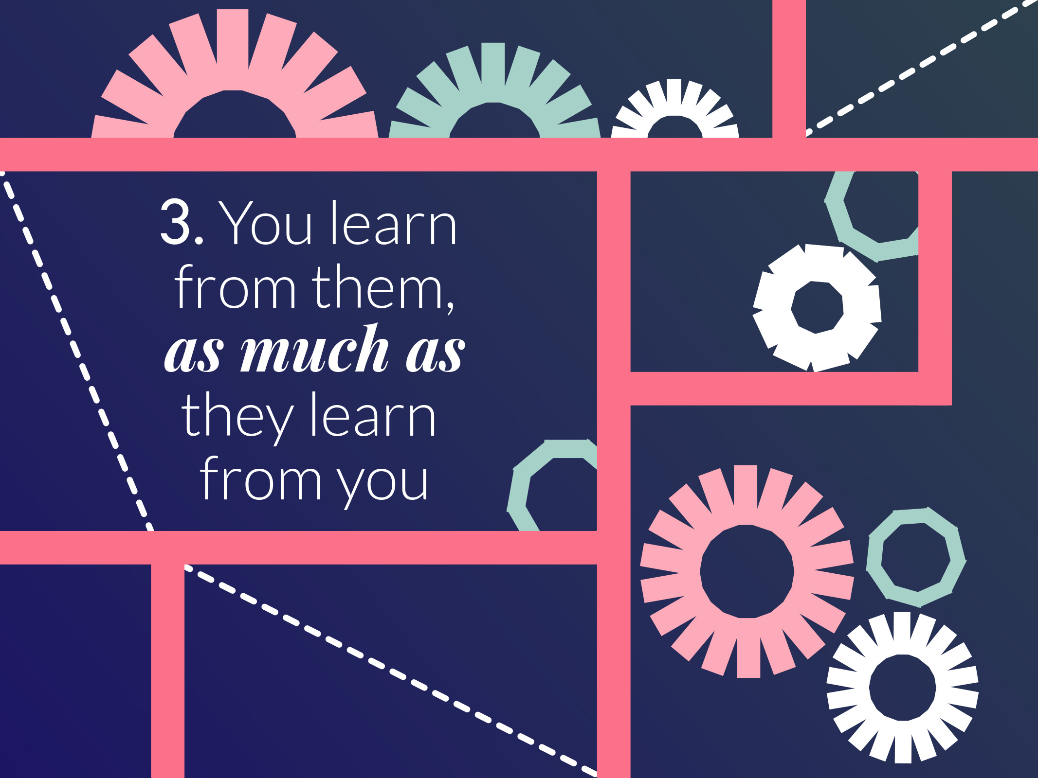 Vector illustration features a set of interlocking gears or cogs, symbolising the process of learning and knowledge exchange in mentoring. The cogs are in shades of pink, teal, and white against a dark blue background. The image includes the words '3. You learn from them, as much as they learn from you' in white text.