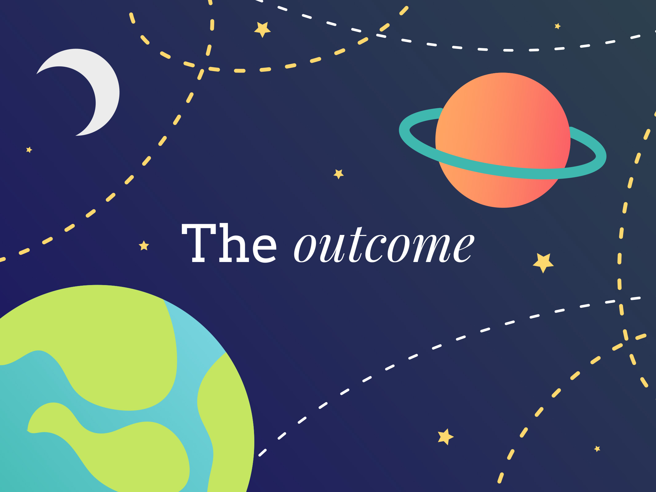 Vector illustration features a celestial scene with a dark blue sky, a silver crescent moon and gold stars. Planet Earth is in the bottom left, and a Saturn-style planet is in the top right. The imagery symbolises the transformative nature of mentoring. The image includes the words 'The outcome' in white text.
